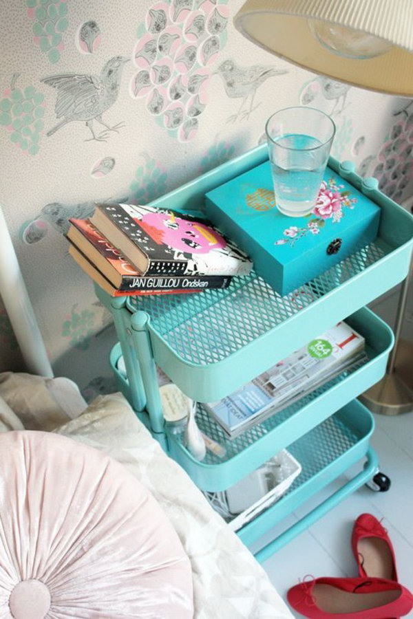Bedside table. This vintage turquoise trolley is perfect as the right height bedside table for most beds to wrap your night readings with a beautiful view that girls would appreciate.