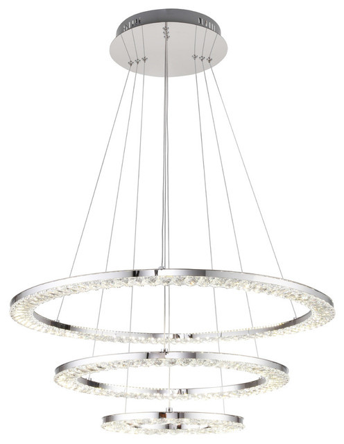 3-Tier Clear Crystal Ring LED Light Fixture, Chrome Stainless .