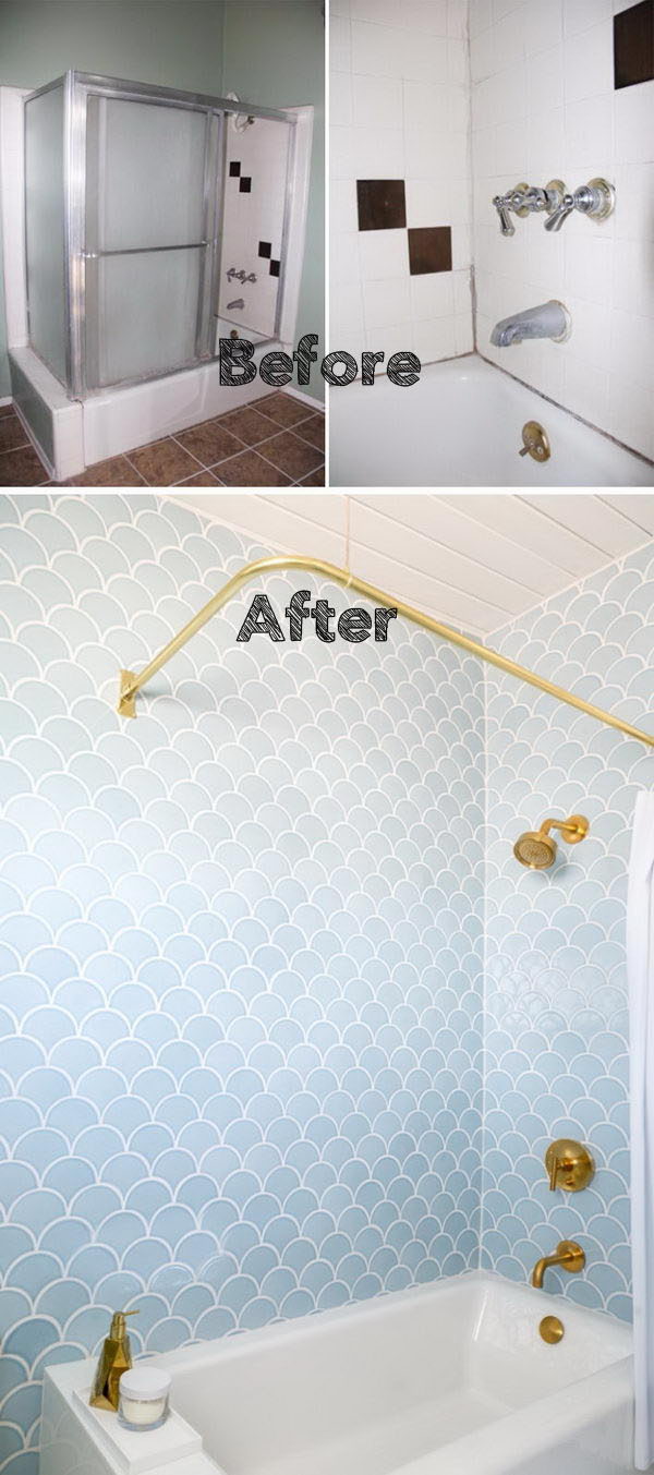 Bathroom renovation with beautiful blue scale tiles and gold details. 
