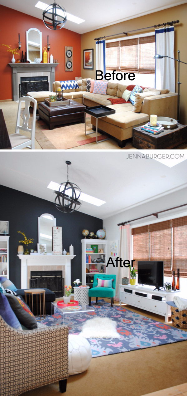 Living room makeover with bold black and splashes of color. 