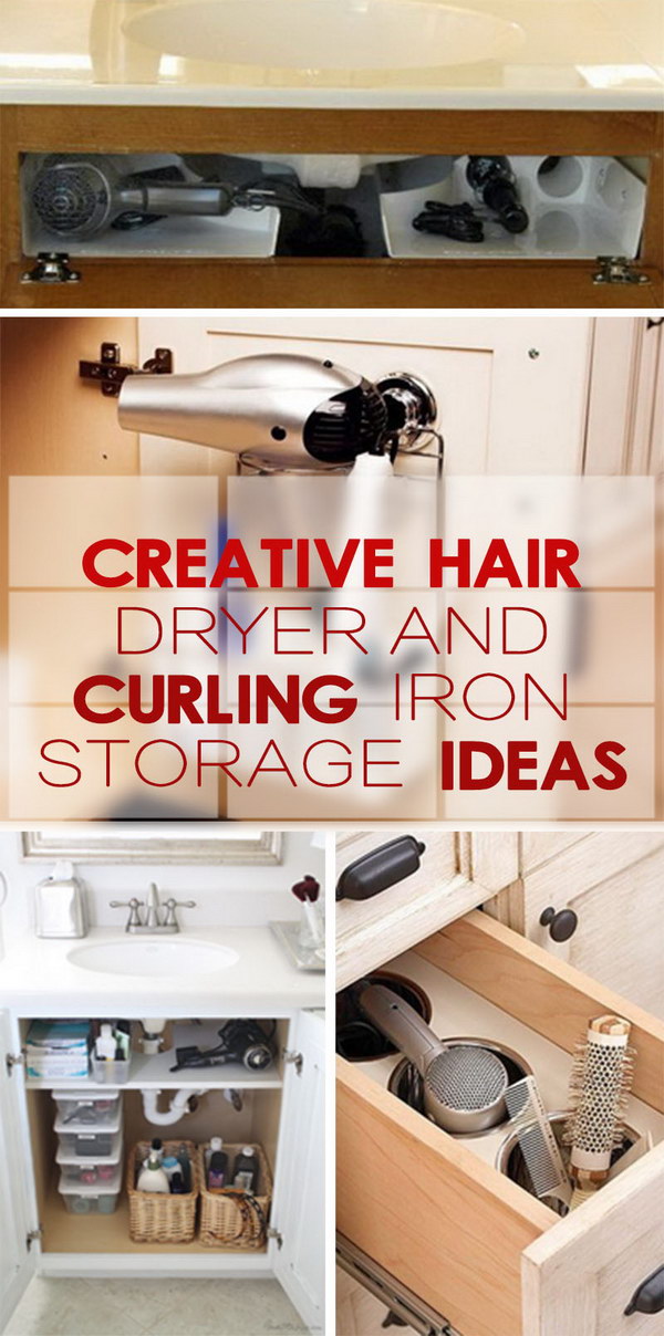 Creative storage ideas for hair dryers and curling irons!