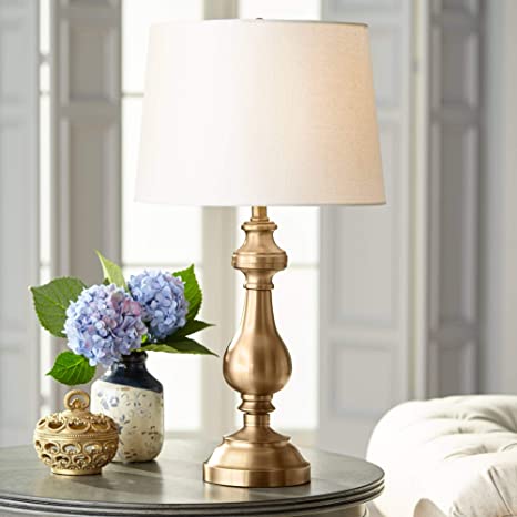 Traditional Table Lamp Antique Brass Candlestick White Fabric Drum .