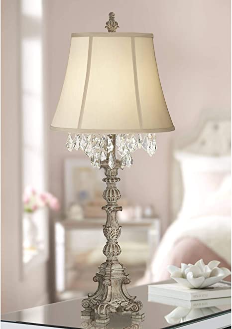 Duval Cottage Table Lamp Crystal Antique White Candlestick Beige .
