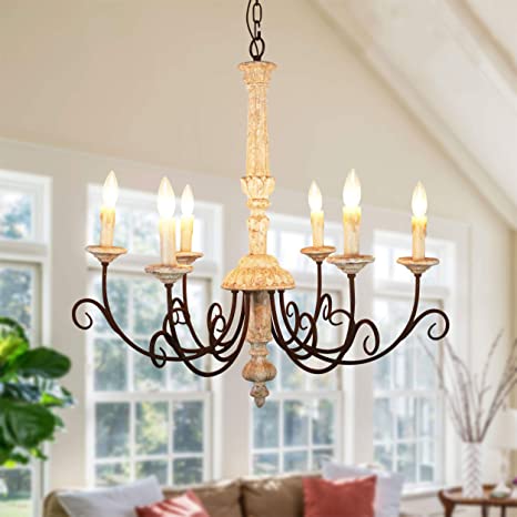 Rustic Retro White Wood Chandelier, Antique Farmhouse Candle-Style .