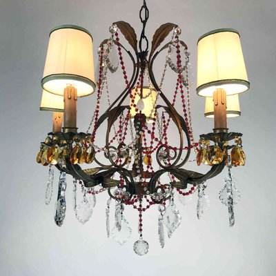 Antique Style Chandelier with Red Crystals, 1950s for sale at Pamo