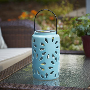 Essential Garden Small Ceramic Lanterns with Solar Light- Blue .