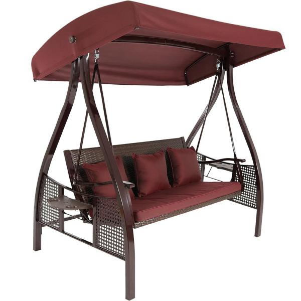 Sunnydaze Decor Deluxe Steel Frame Porch Swing with Maroon Cushion .