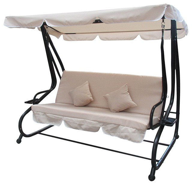 Aleko Canopy Patio Swing Bench With Pillows and Cup Holders, Beige .