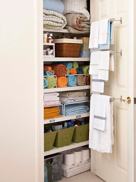 Storage ideas for hallway closets | Clever closet, Linen closet .