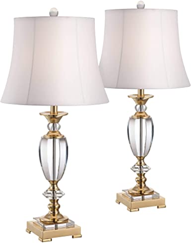 Traditional Table Lamps Set of 2 Faceted Crystal and Brass White .
