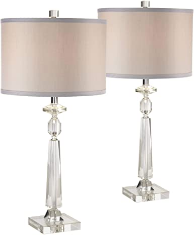 Aline Modern Table Lamps Set of 2 Crystal Column Gray Drum Shade .