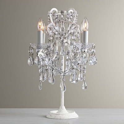 French Country Style 4 Light Crystal Table Lamp in White Finish .