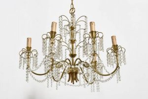 Mid-Century Italian Brass and Crystal Waterfall Chandelier, 1950s .