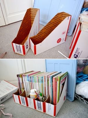 DIY: magazine holders from mail boxes. Get them at the post office .