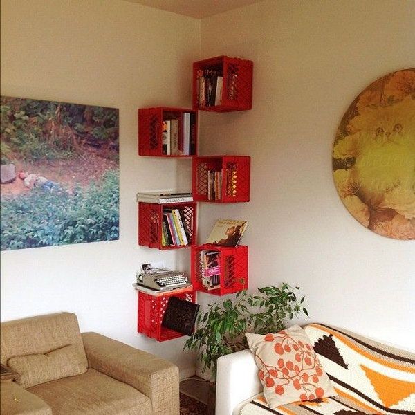 A floating corner bookshelf made from milk crates. | Milk crate .