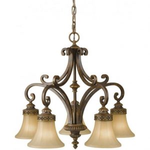 Edwardian 5 Arm Ceiling Light, Walnut Brown Frame with Scavo Gla