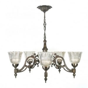 Victorian or Edwardian Aged Brass Chandelier with Halophane Shad