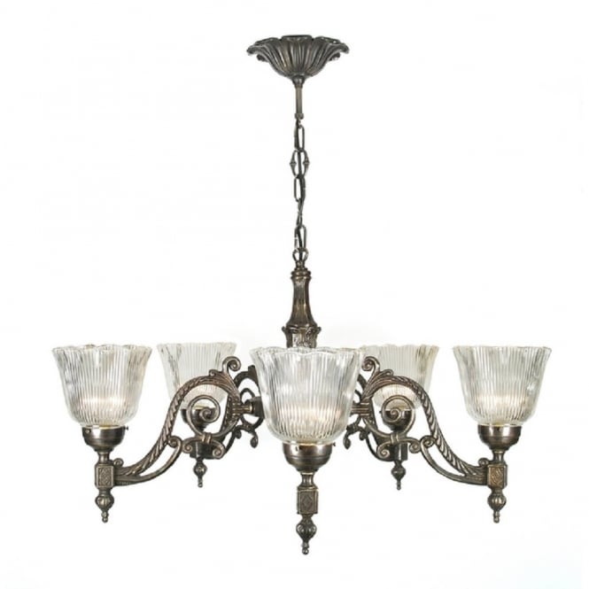 Victorian or Edwardian Aged Brass Chandelier with Halophane Shad