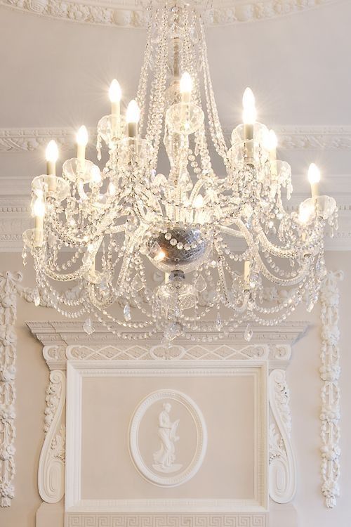 Expensive aesthetic | Chandelier and moldings | White things .