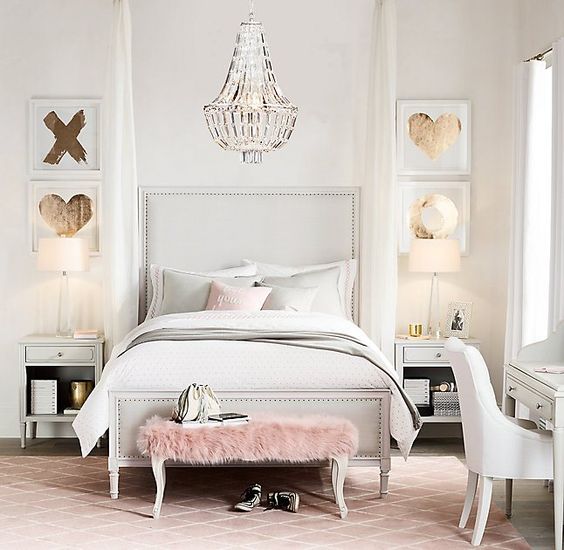 Pink Faux Fur Upholstered Bench Wooden Legs Crystal Chandelier .