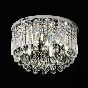 9-Light Silver Round Metal Shade Crystal Chandelier Flush Mount .