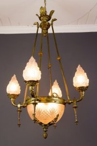 Antique Empire Style French Bronze and Frosted Flame Glass .