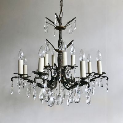French Brass, Crystal & Glass Chandelier, 1920s for sale at Pamo