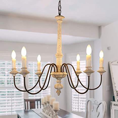 6-Light Shabby Chic Wood Chandelier with Candle Light, Off-White .