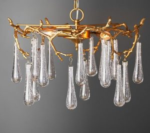 Lhuillier Brass Branch Glass Droplets Chandeli