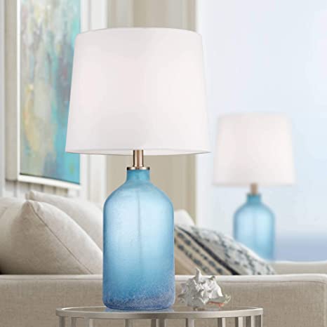 Aston Coastal Table Lamps Set of 2 Frosted Sea Blue Glass White .