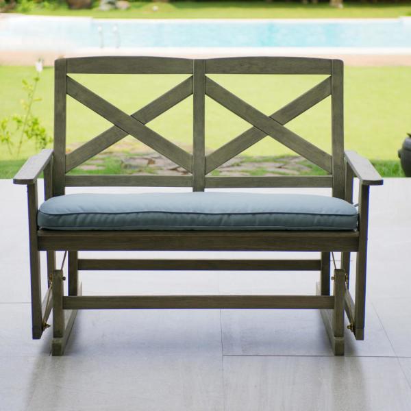 Cambridge Casual Tulle Wood Outdoor Glider Bench with Teal Cushion .