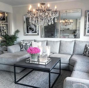 Large Crystal Chandelier Black Grey Square Table Light Grey Sofa .