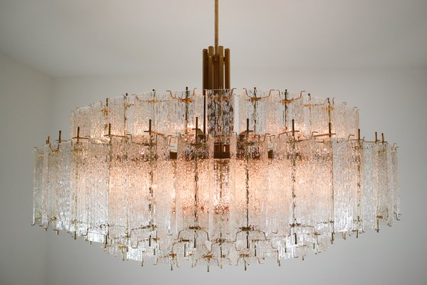 Large Mid-Century Brass & Structured Glass Chandelier for sale at .