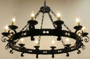 Lightolier Large Spanish Revival Wrought Iron Chandelier .