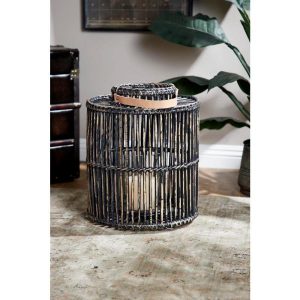 Litton Lane Large Cylindrical Black Rattan Rustic Lantern,Candle .