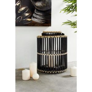 Litton Lane Large Cylindrical Black Rattan Rustic Lantern, Candle .