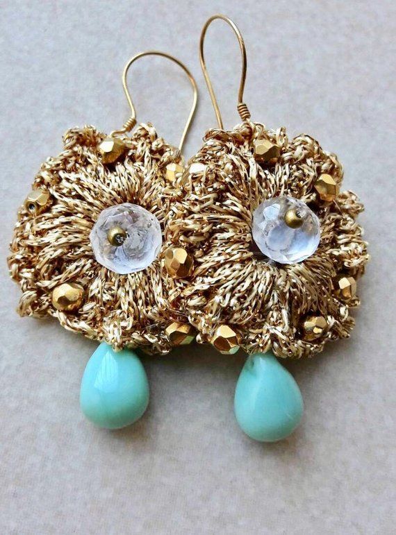 Large Gold Earrings Round Aqua Earrings Crochet Turquoise .
