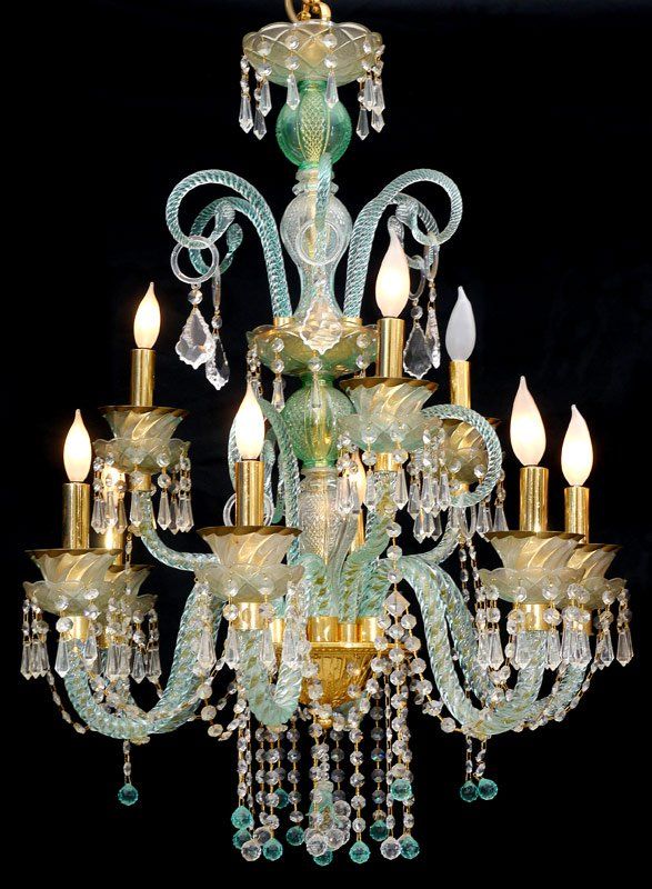 Beautiful large turquoise Murano glass and gilt chandelier, Venice .