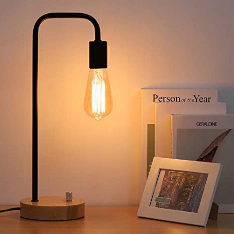 Industrial Table Lamp, Vintage Night Stand Lamp, Minimalist Wood .