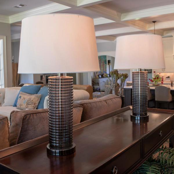 Decor Therapy all Black Ribbed Glass 26.5 in. Black Table Lamps .