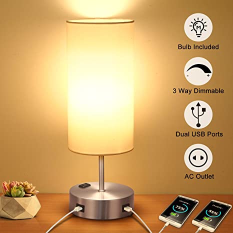 Touch Table Lamp with 2 USB Charging Port, 3-Way Dimmable Bedside .