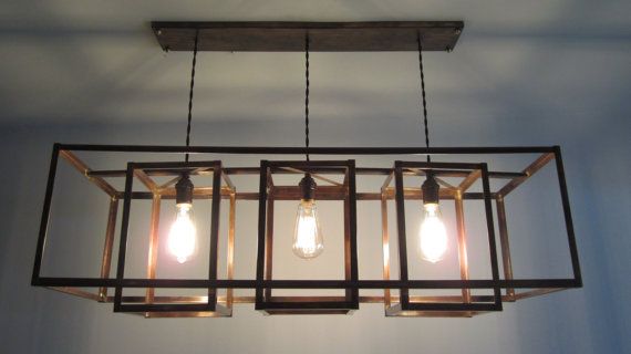 Modern Geometric Exposed Bulb and Copper Chandelier - Long .