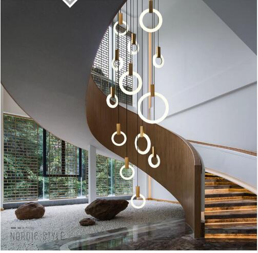 Staircase long chandelier modern minimalist solid wood villa .