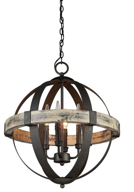 4-Light Wood and Metal Sphere Chandelier, Distressed Wood and .