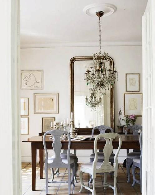 Mixed chairs. old mirror chandelier | Decor, Dining room .