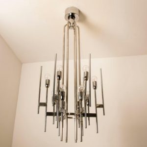 Italian Mid-Century Modern Chrome Chandelier by Gaetano Sciolari .