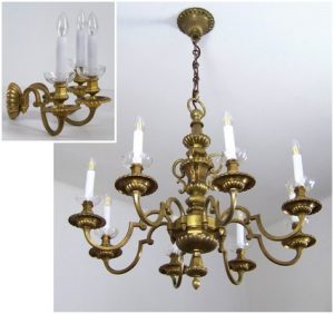 Antique Brass Chandelier and Wall Light, Set of 2 for sale at Pamo