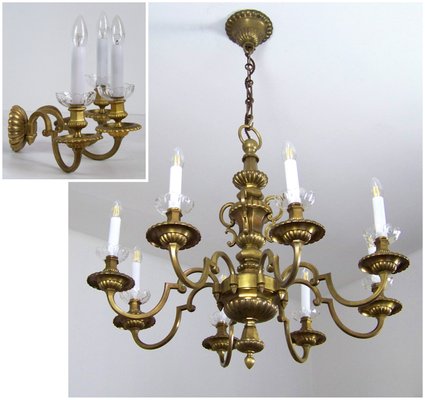 Antique Brass Chandelier and Wall Light, Set of 2 for sale at Pamo