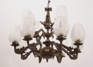 Vintage Brass Chandelier with 12 Glass Shades for sale at Pamo