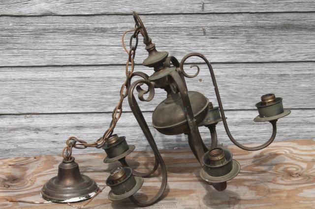 vintage solid brass chandelier w/ tarnished patina, old five lamp .